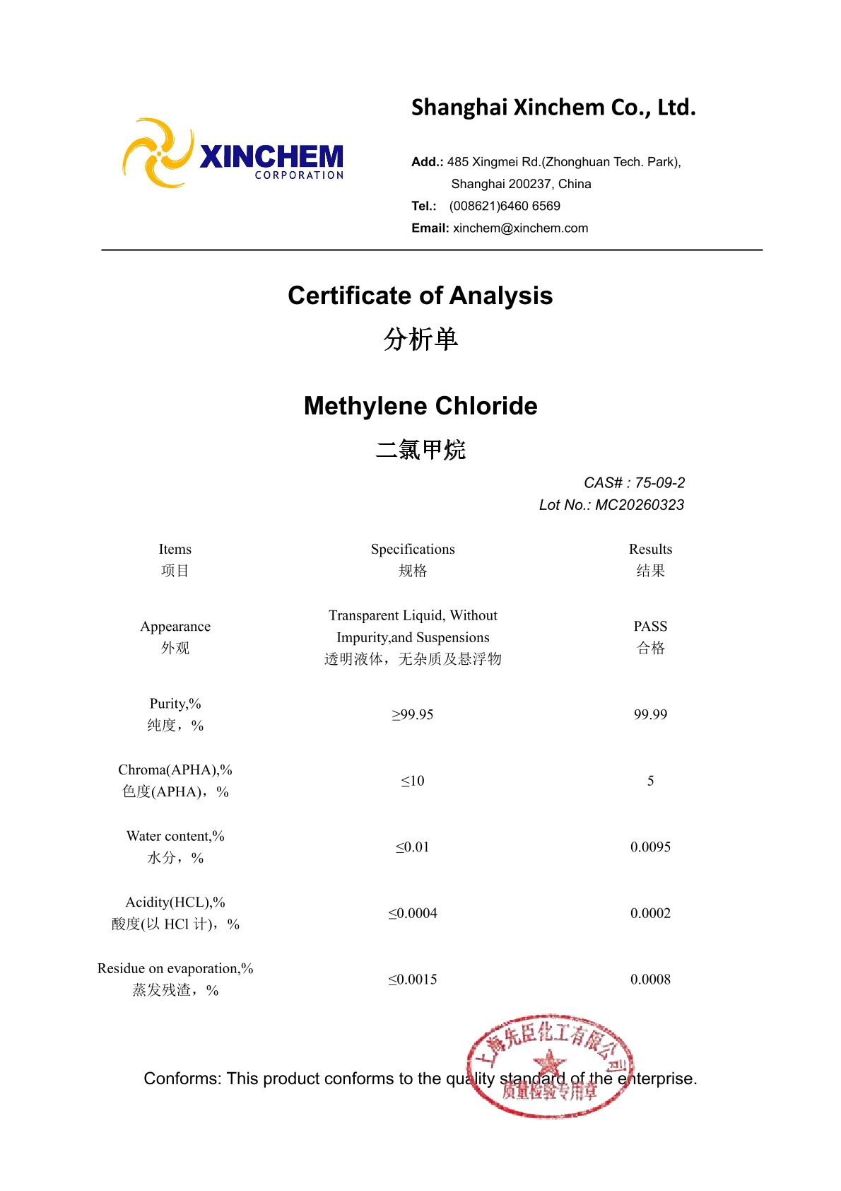 Methylene Chloride 75-09-2 COA