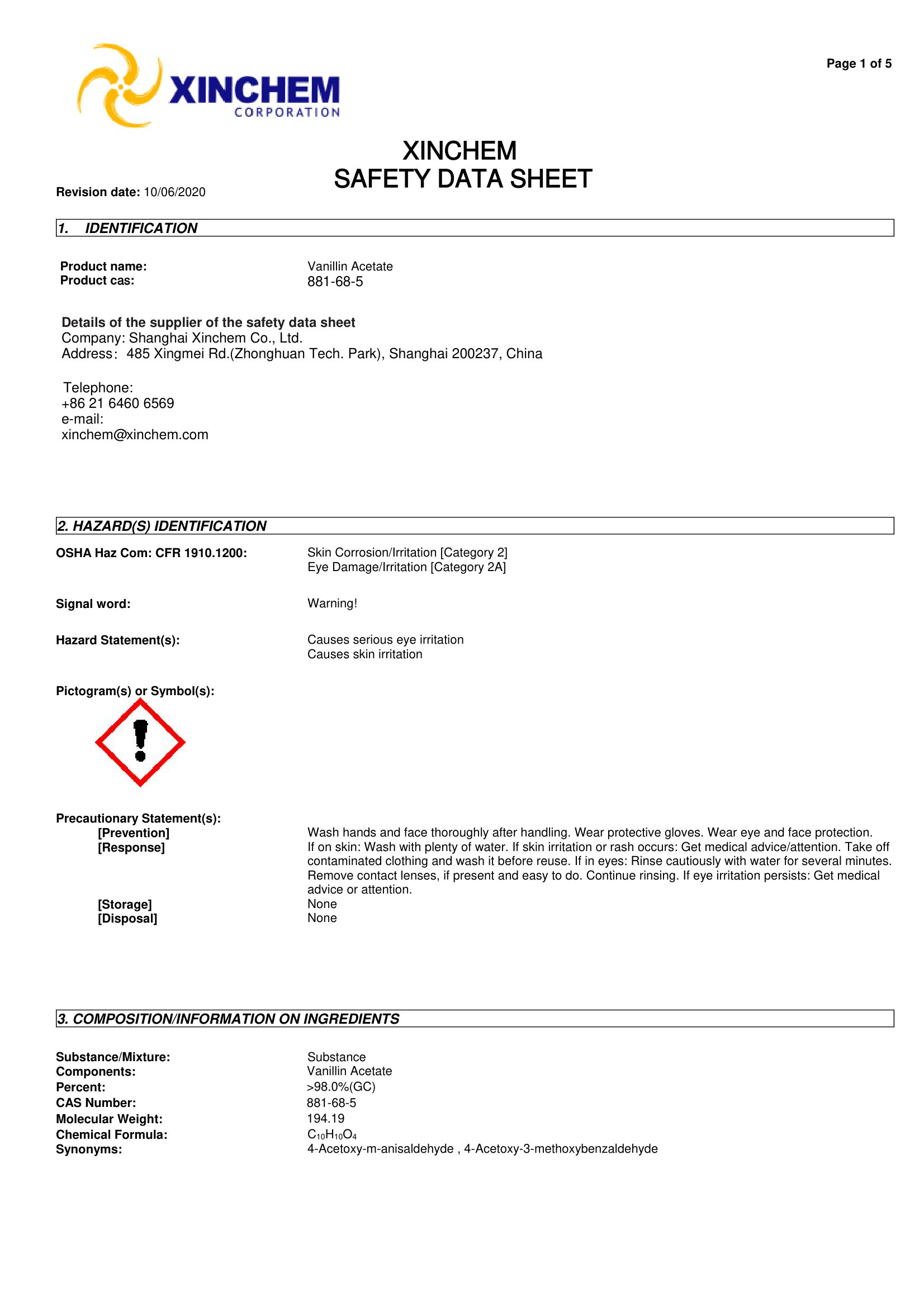 3.Ацетат Ванилина 881-68-5 MSDS-1
