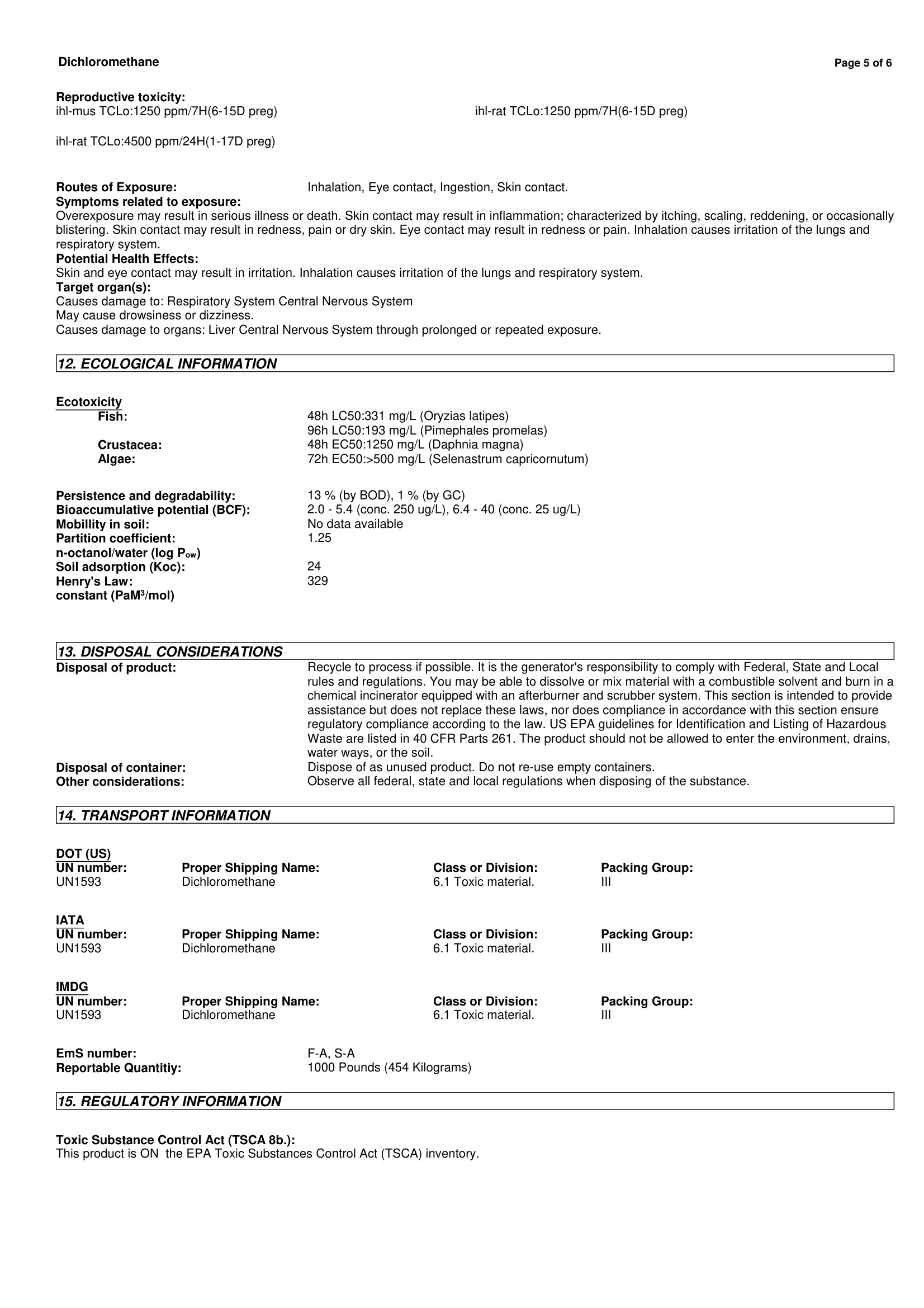 Dichloromethane 75-09-2 MSDS-5