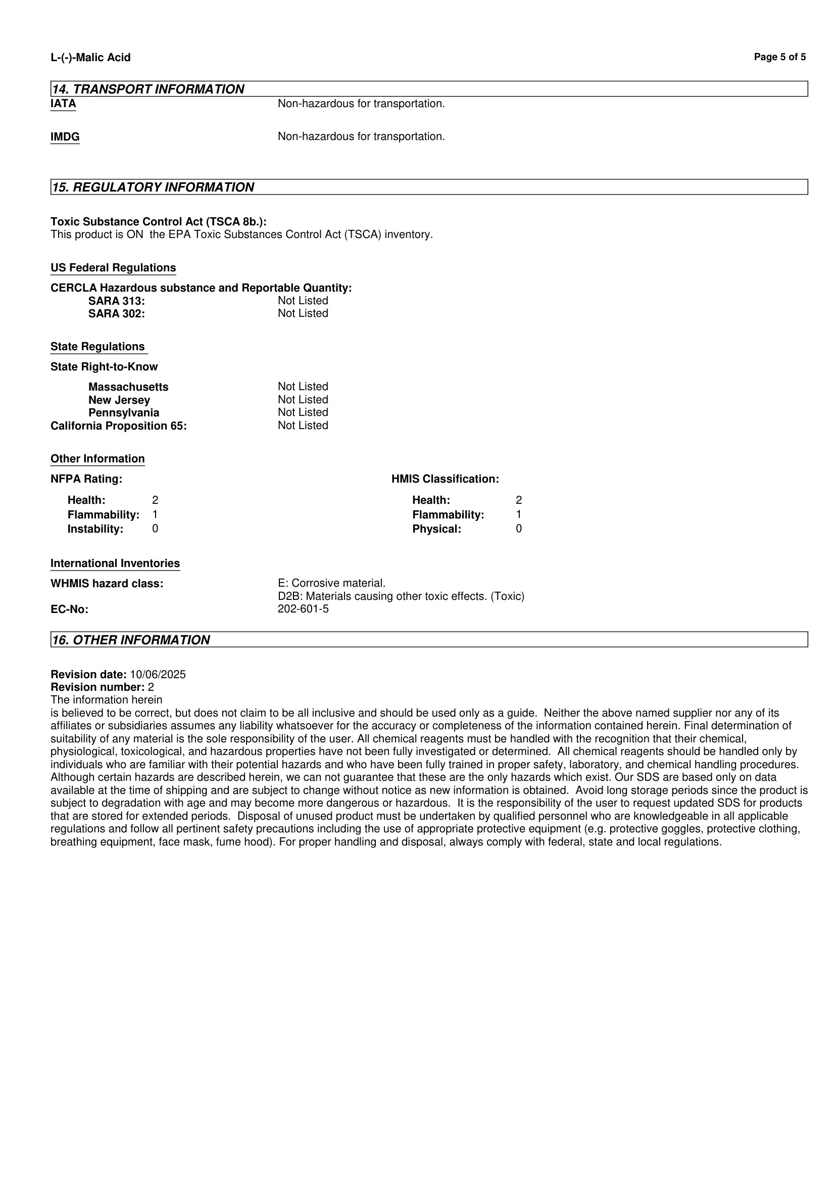 L-(-)-Malic Acid 97-67-6 MSDS-5